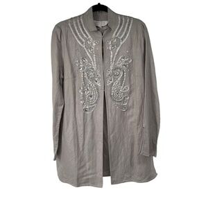 American Glamour Badgley Mischka Light Gray Embellished Linen Cotton Jacket